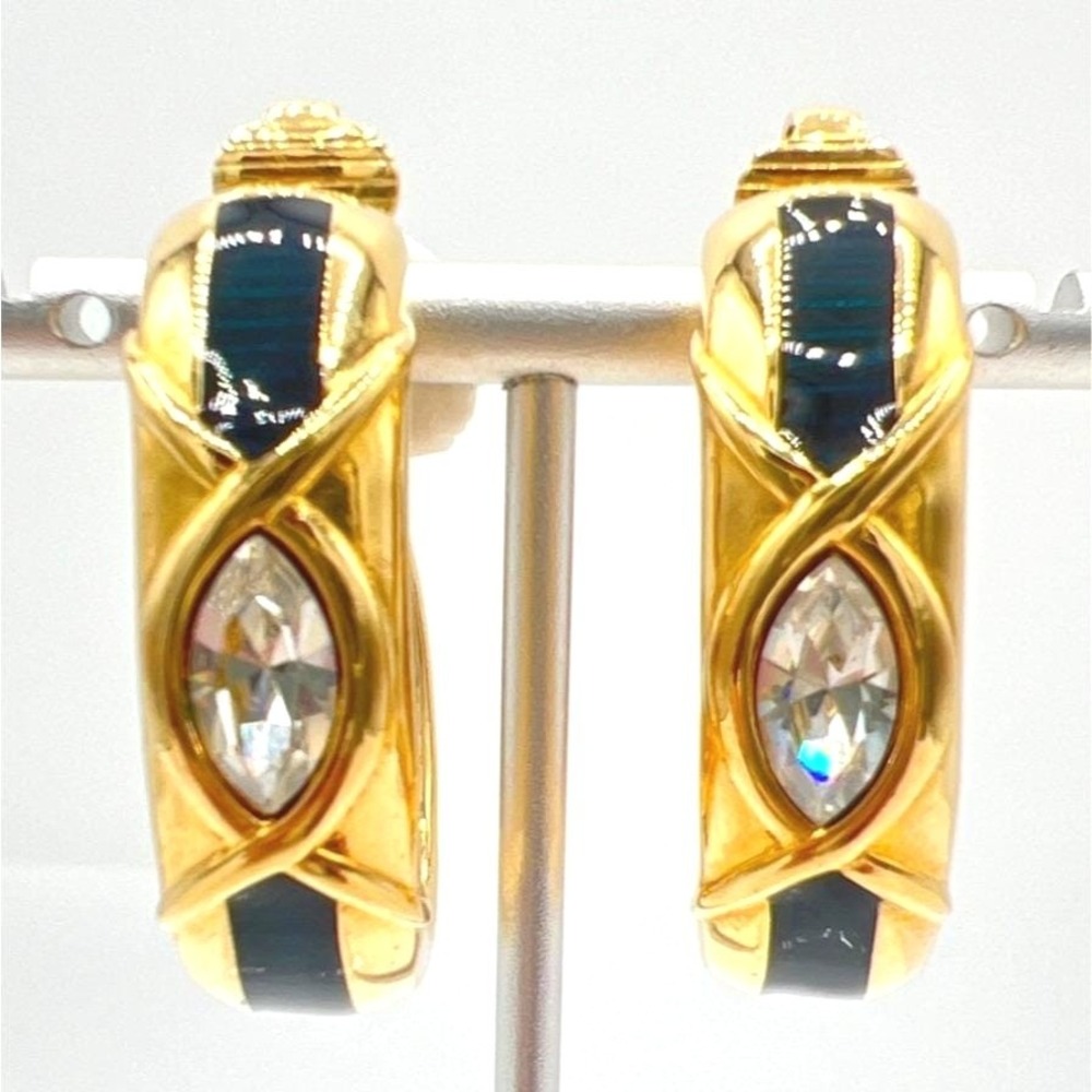 Vtg Swarovski Chunky Hoop Earrings Clear Crystal Black‎ Green Striped Gold Tone
